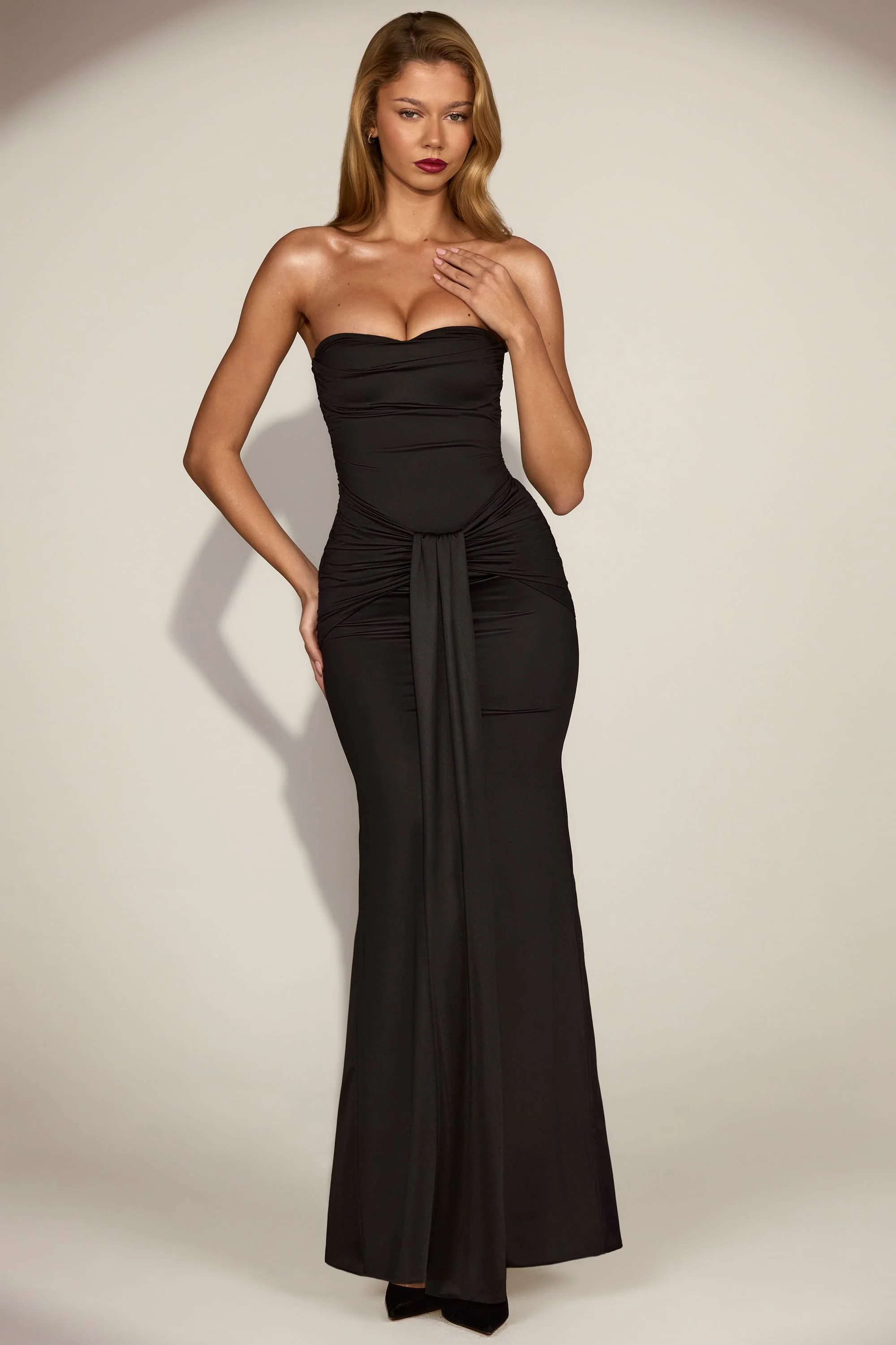 Satin Peekaboo Bandeau Draped Gown in Black - Image 5