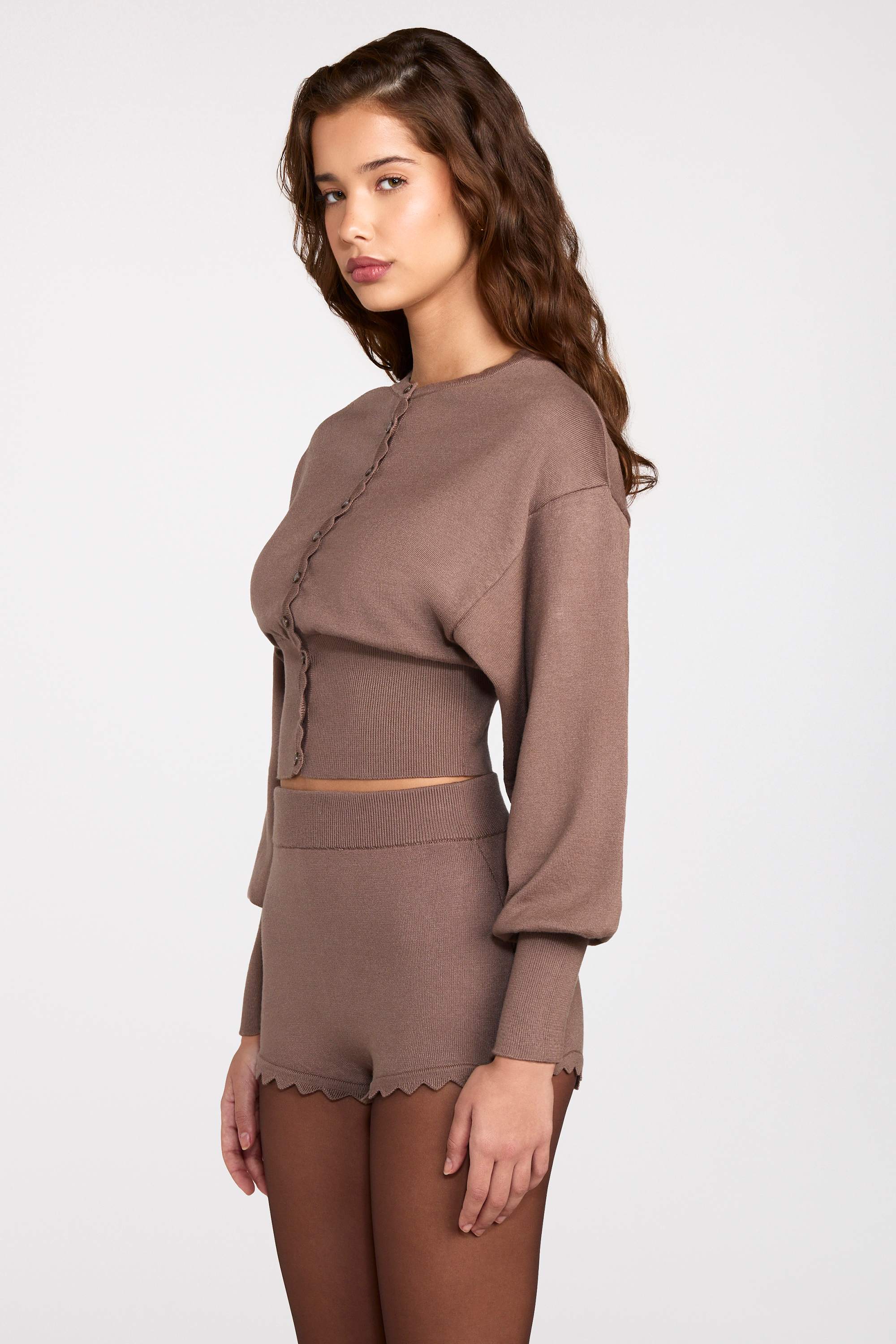 Knit Mid-Rise Mini Shorts in Mocha - Image 11