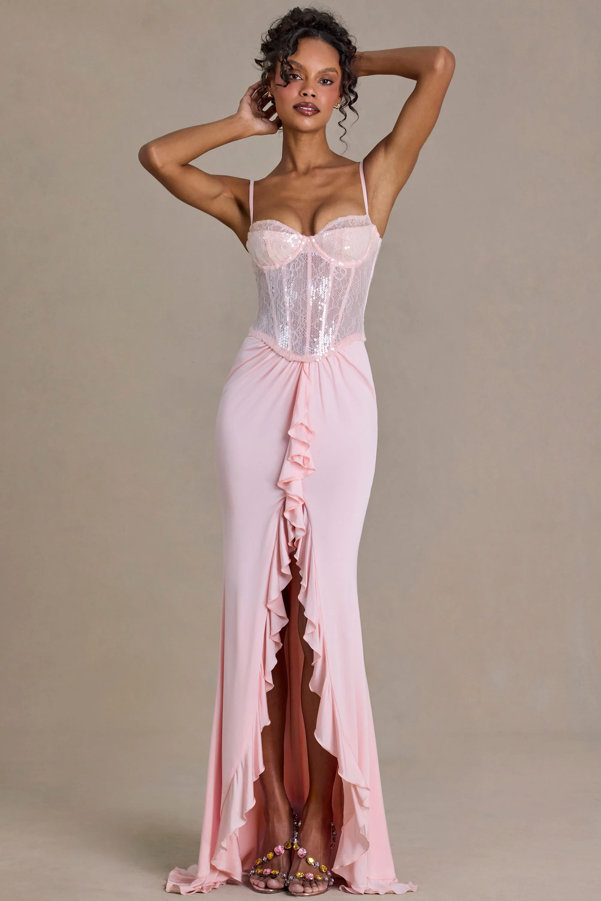 Premium Embellished Lace Corset Gown in Baby Pink - Image 5