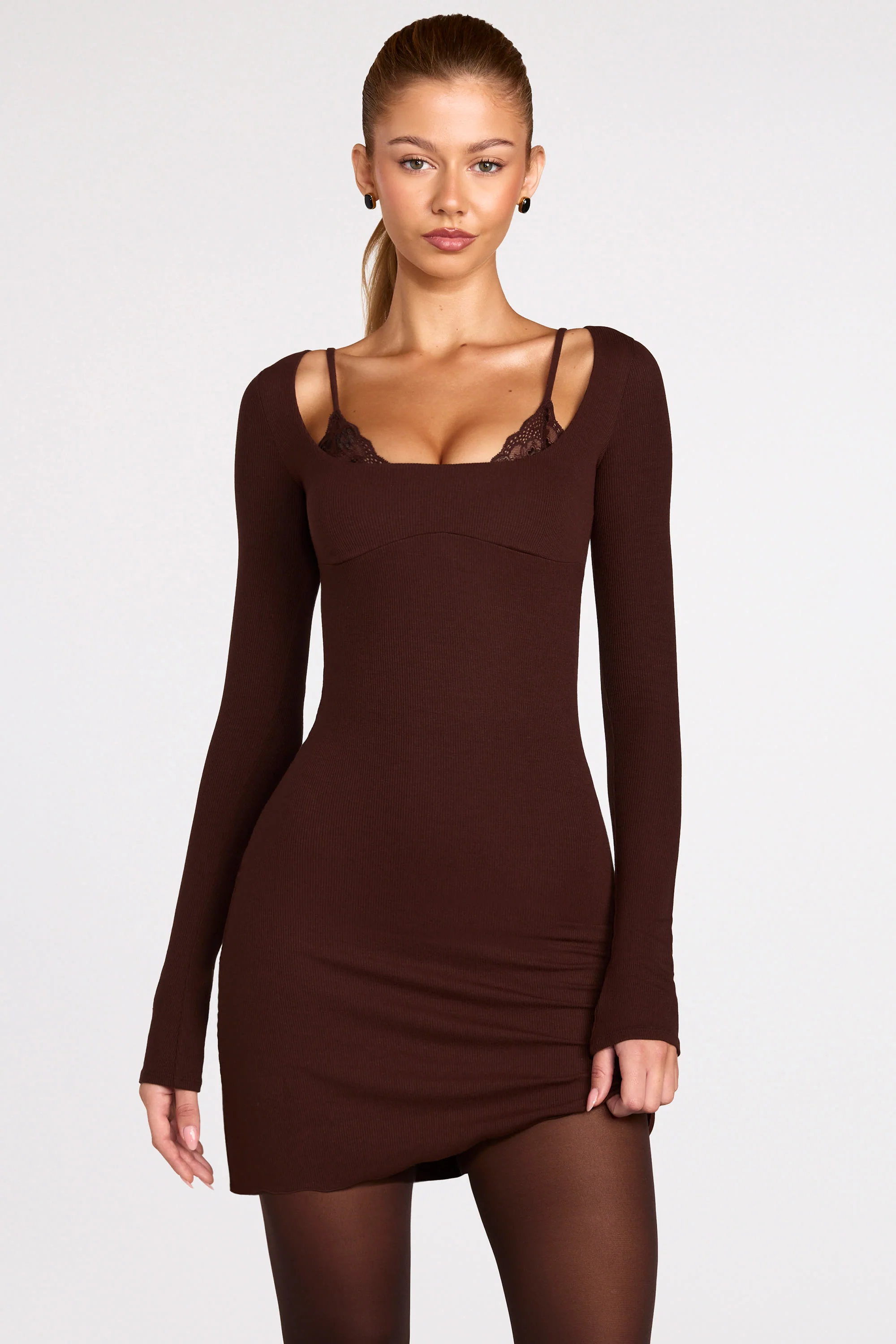 Ribbed Modal Long-Sleeve Laced Bra Mini Dress in Chocolate Brown - Image 11
