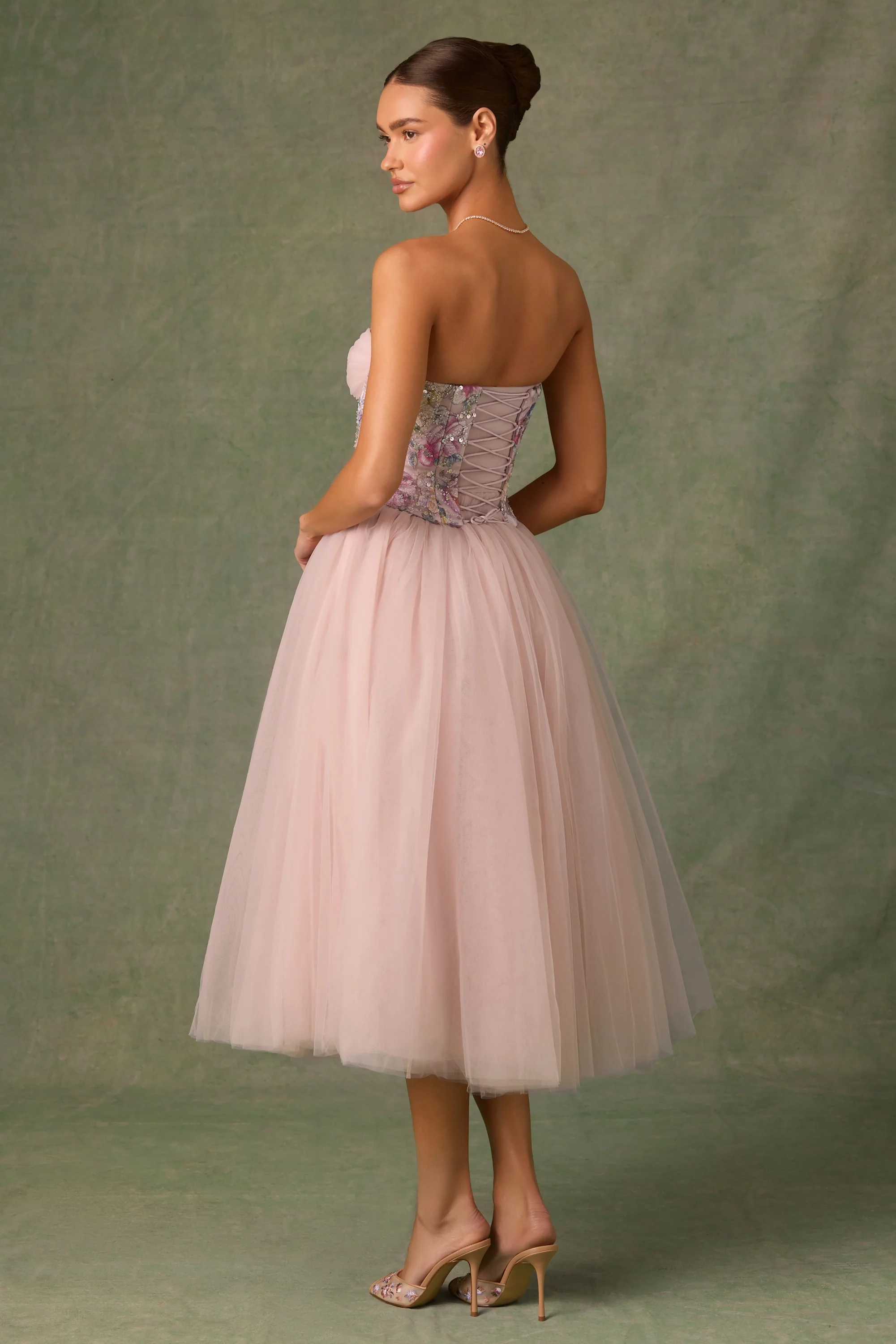 Embellished Lace-Up Cupless Corset in Floral Pink - Image 3