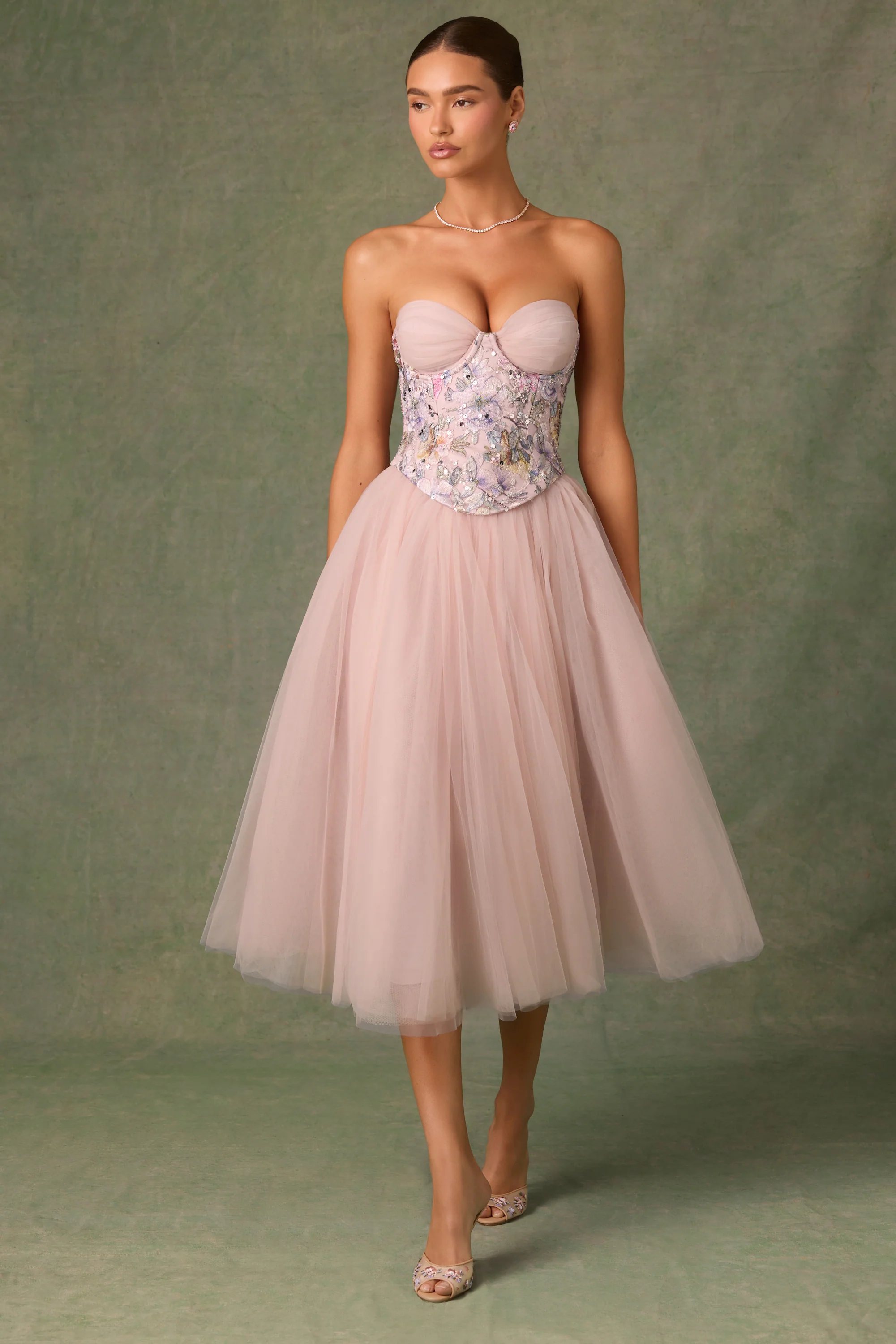 Embellished Lace-Up Cupless Corset in Floral Pink - Image 8