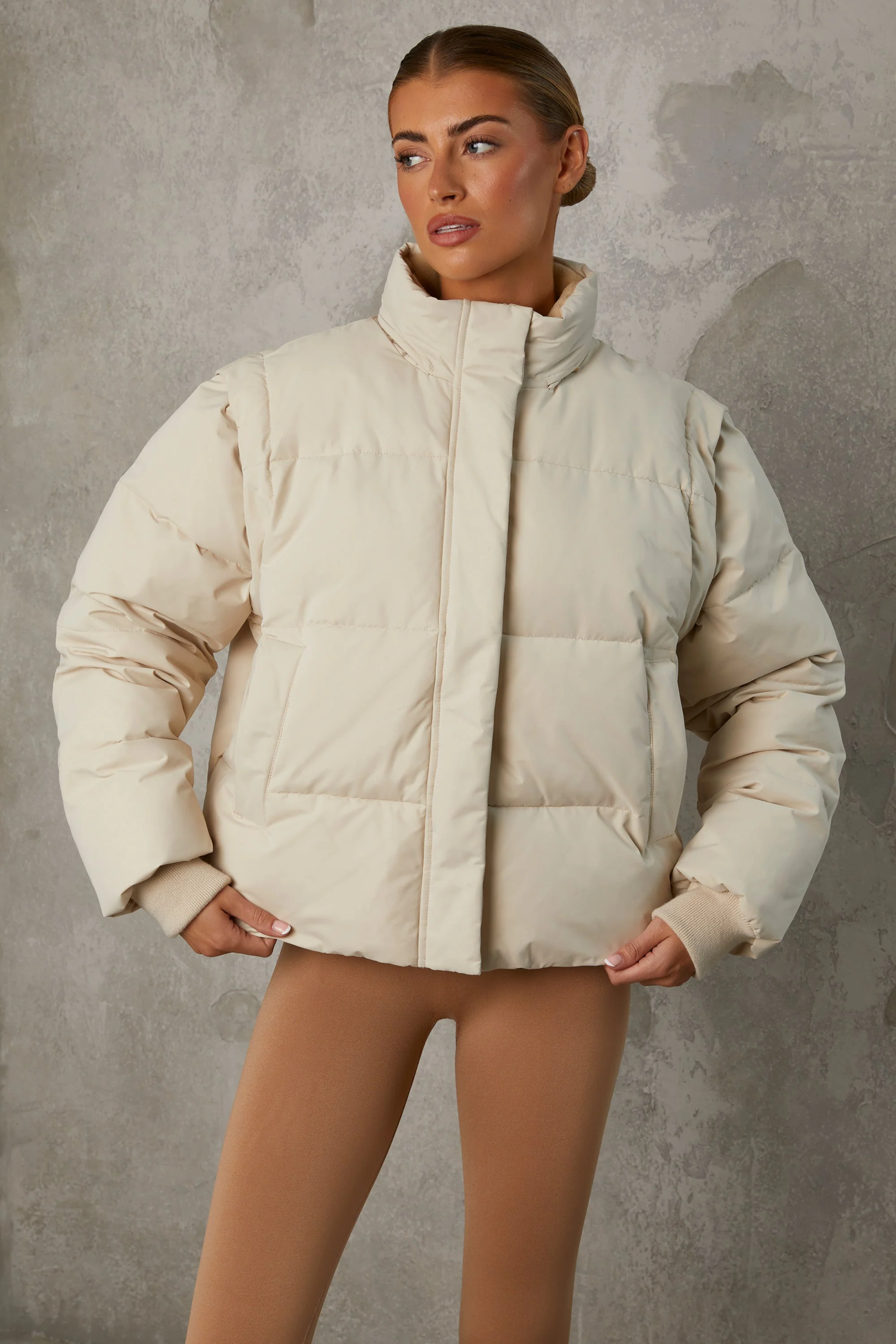 Cropped Puffer Jacket with Detachable Sleeves in Sand - Image 7