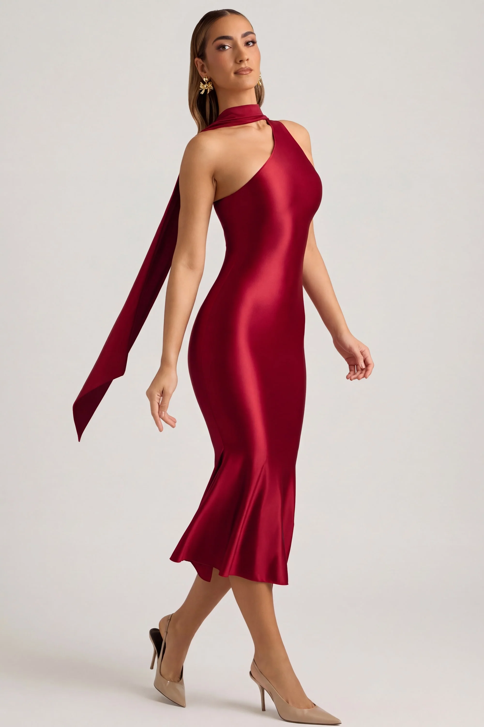 Asymmetric Scarf-Detail Midaxi Dress in True Red - Image 7