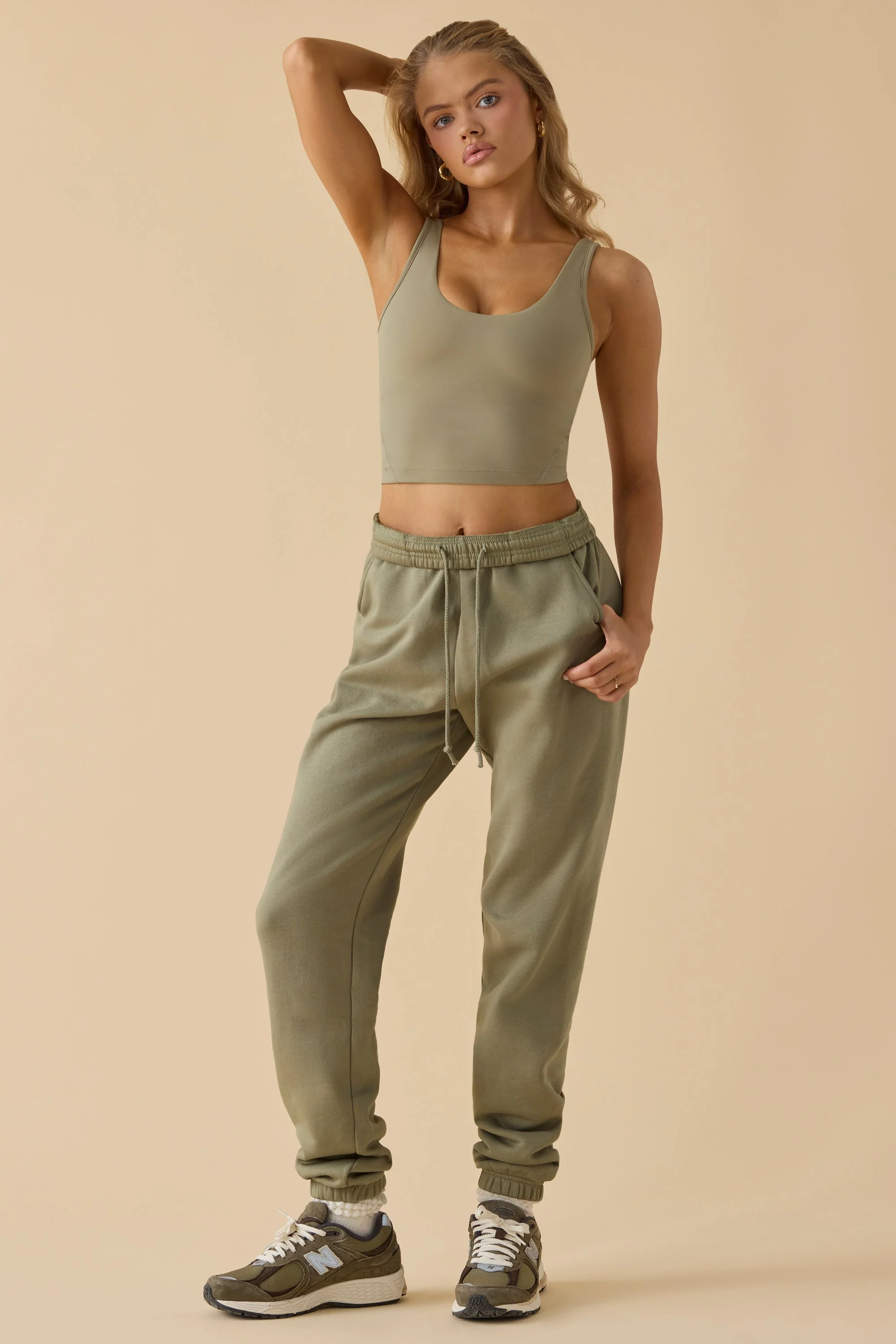 Cotton Fleece Mid-Rise Joggers in Khaki Green - Image 6