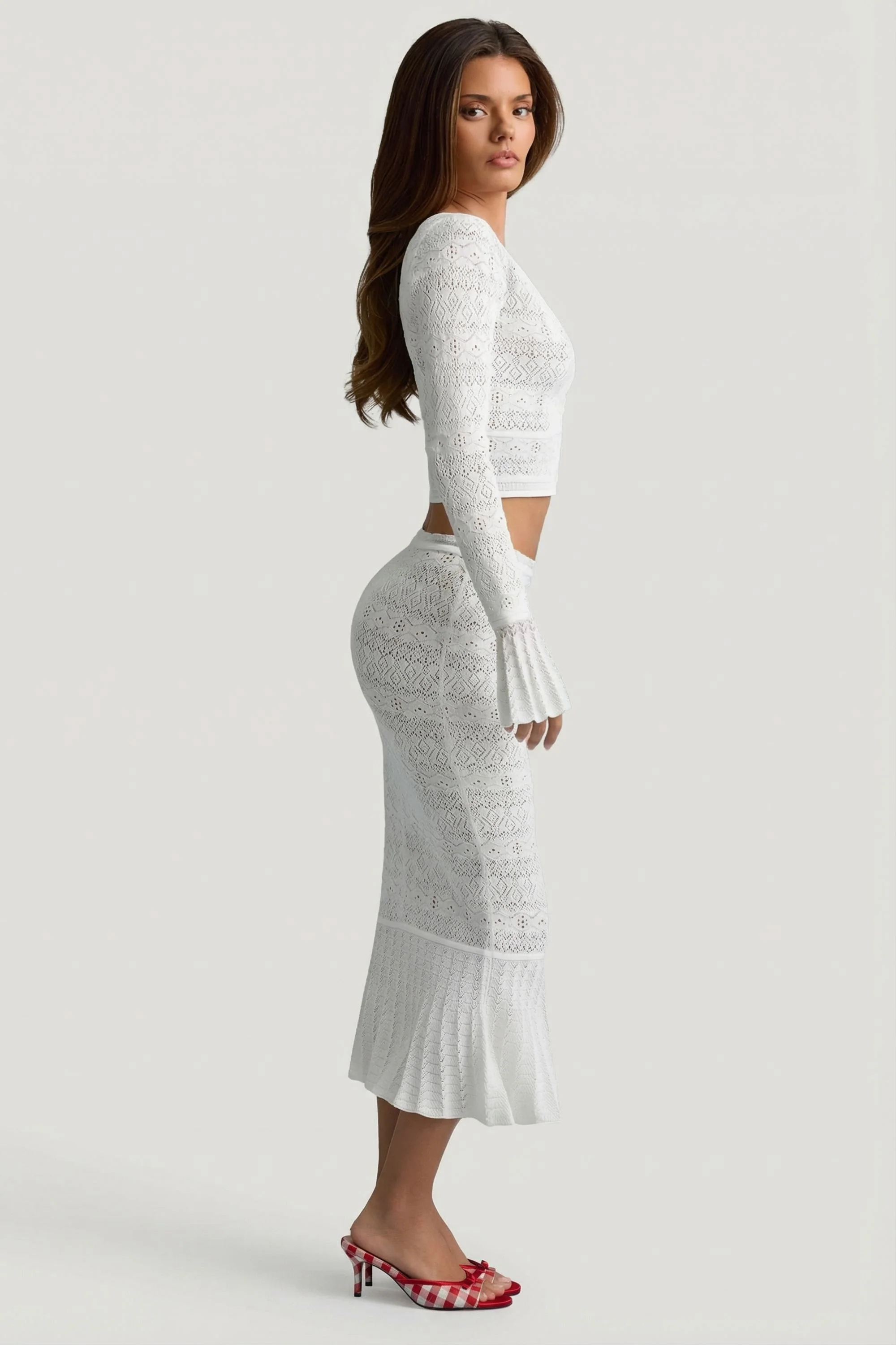 Ruffle-Trim Pointelle-Knit Midaxi Skirt in White - Image 3