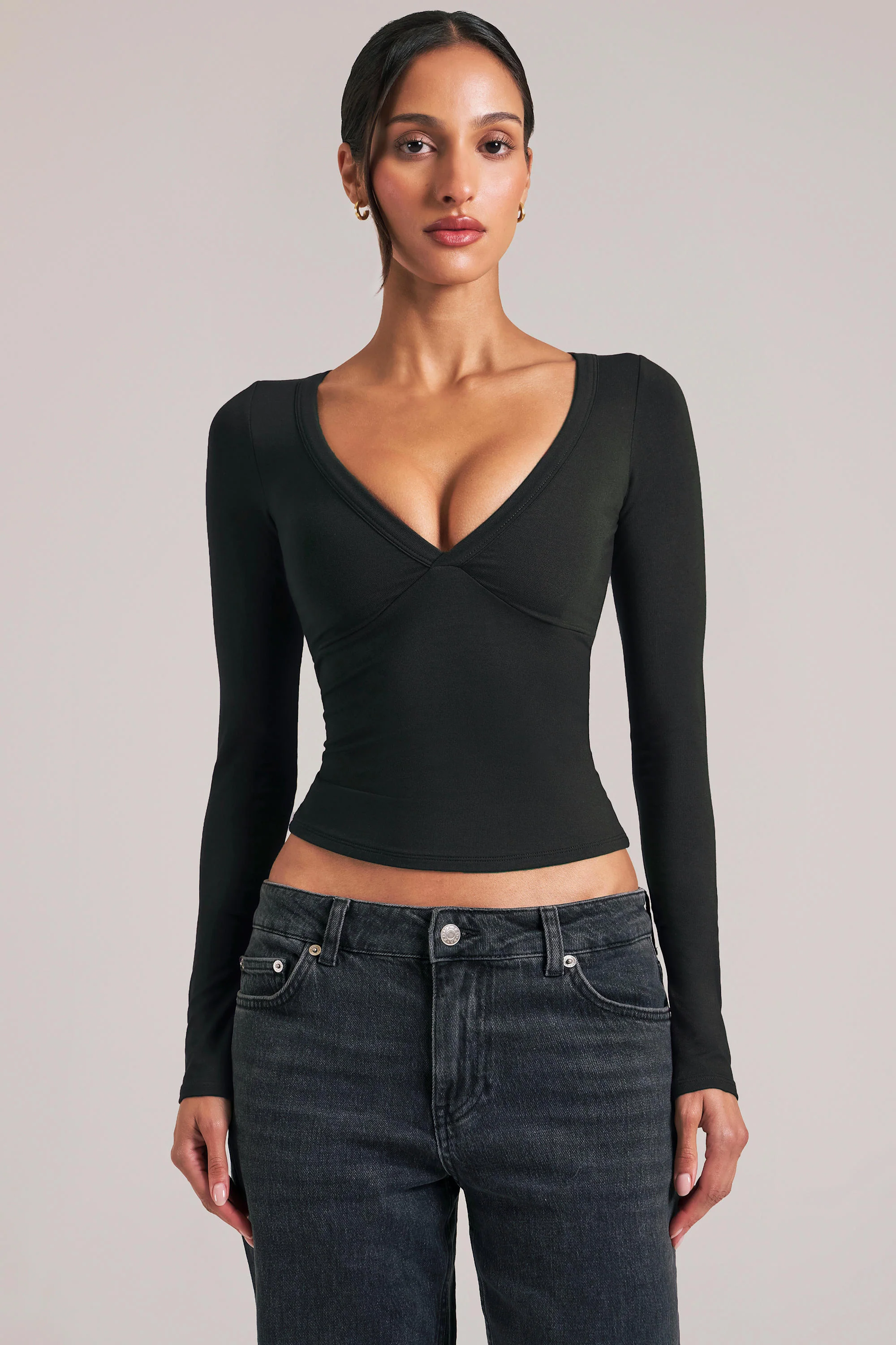 V-Neck Long-Sleeve Top  in Black - Image 7