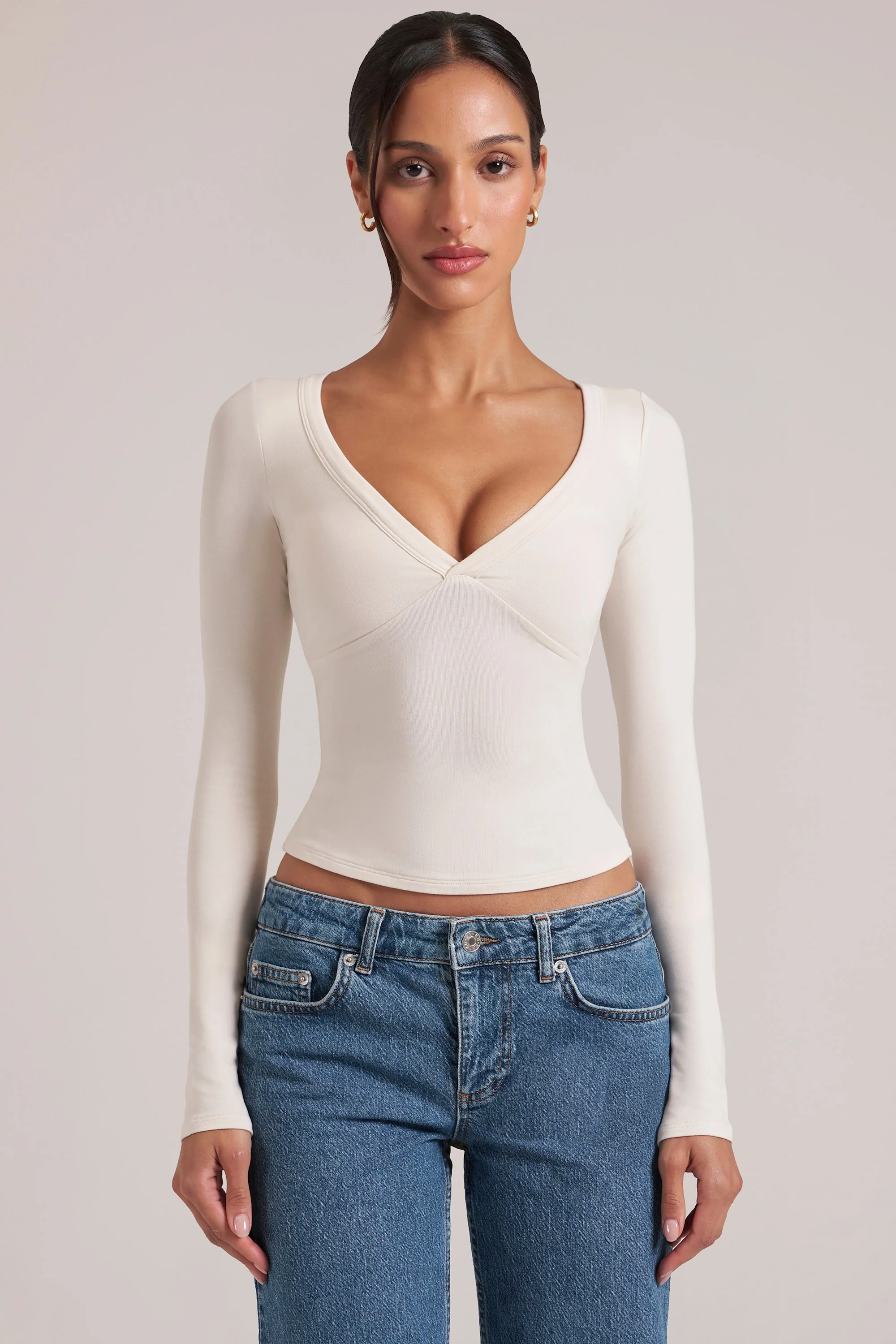 V-Neck Long-Sleeve Top  in Ivory - Image 5